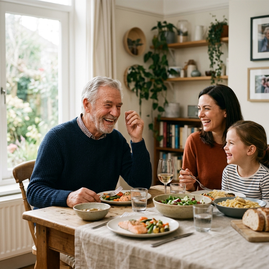 Avô sorrindo e interagindo com a família à mesa durante o almoço demonstrando bem-estar auditivo